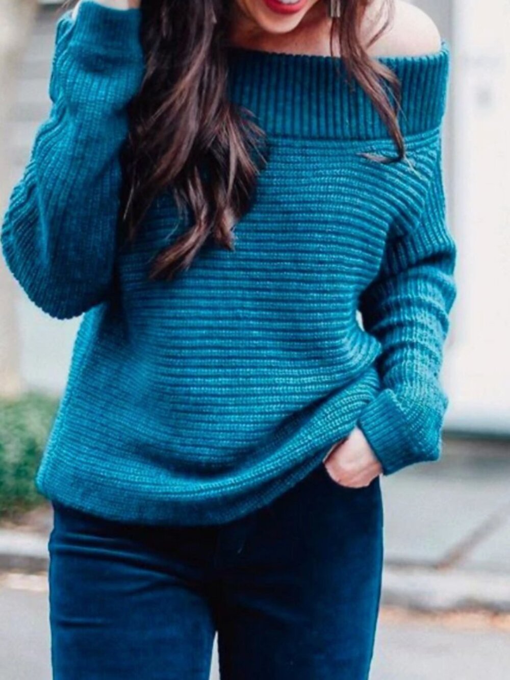 NWT Express 2016 Off Shoulder Sweater Blue Teal Chunky Small